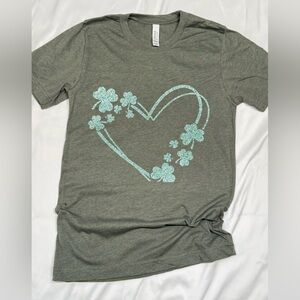 Bella Canvas Olive Green Tee with Mint Glitter Heart & Shamrocks